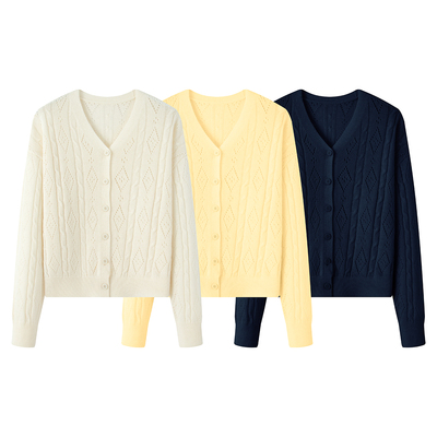 伊家~休闲百搭镂空绞花针织V领开衫女2025秋季新款通勤软糯毛衣