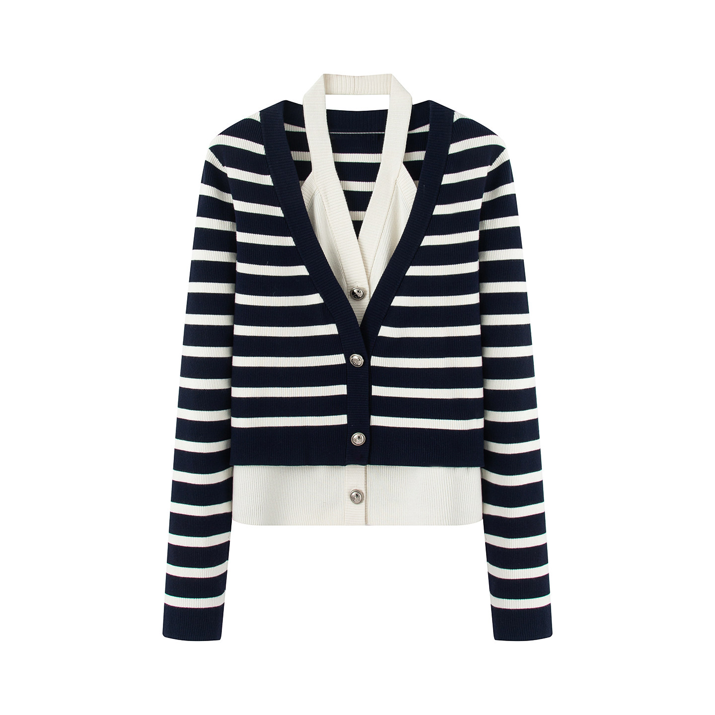 艾系~2026春季新款气质百搭假两件挂脖条纹针织衫女减龄通勤上衣,女装/女士精品,毛针织衫,淘宝优惠券,粉丝福利购,淘宝优惠卷