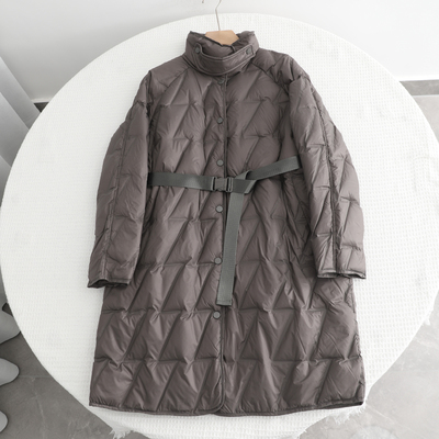 檬系~2025秋冬新款轻薄百搭保暖系腰带立领菱形格长款羽绒服外套