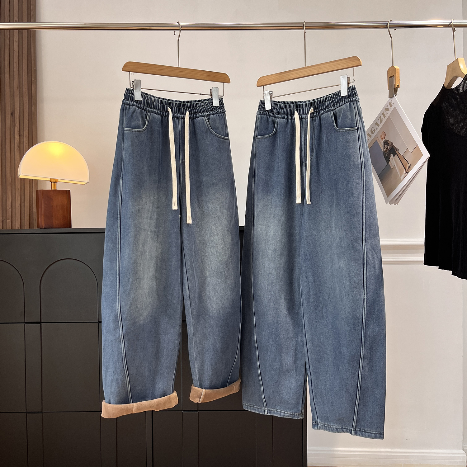 过冬神裤~松紧腰加绒显瘦不臃肿香蕉裤阔腿牛仔裤女2025冬季新款