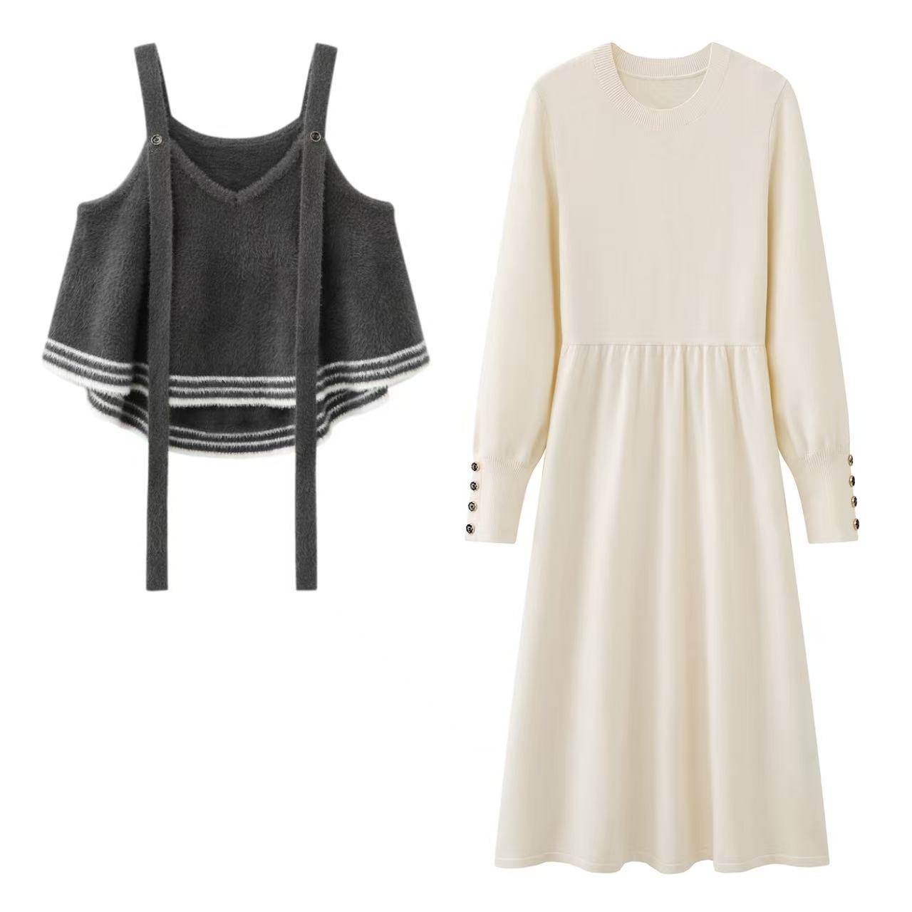阔系~法式温柔风内搭针织打底连衣裙2025秋季新款灰色背心两件套,女装/女士精品,连衣裙,淘宝优惠券,粉丝福利购,淘宝优惠卷