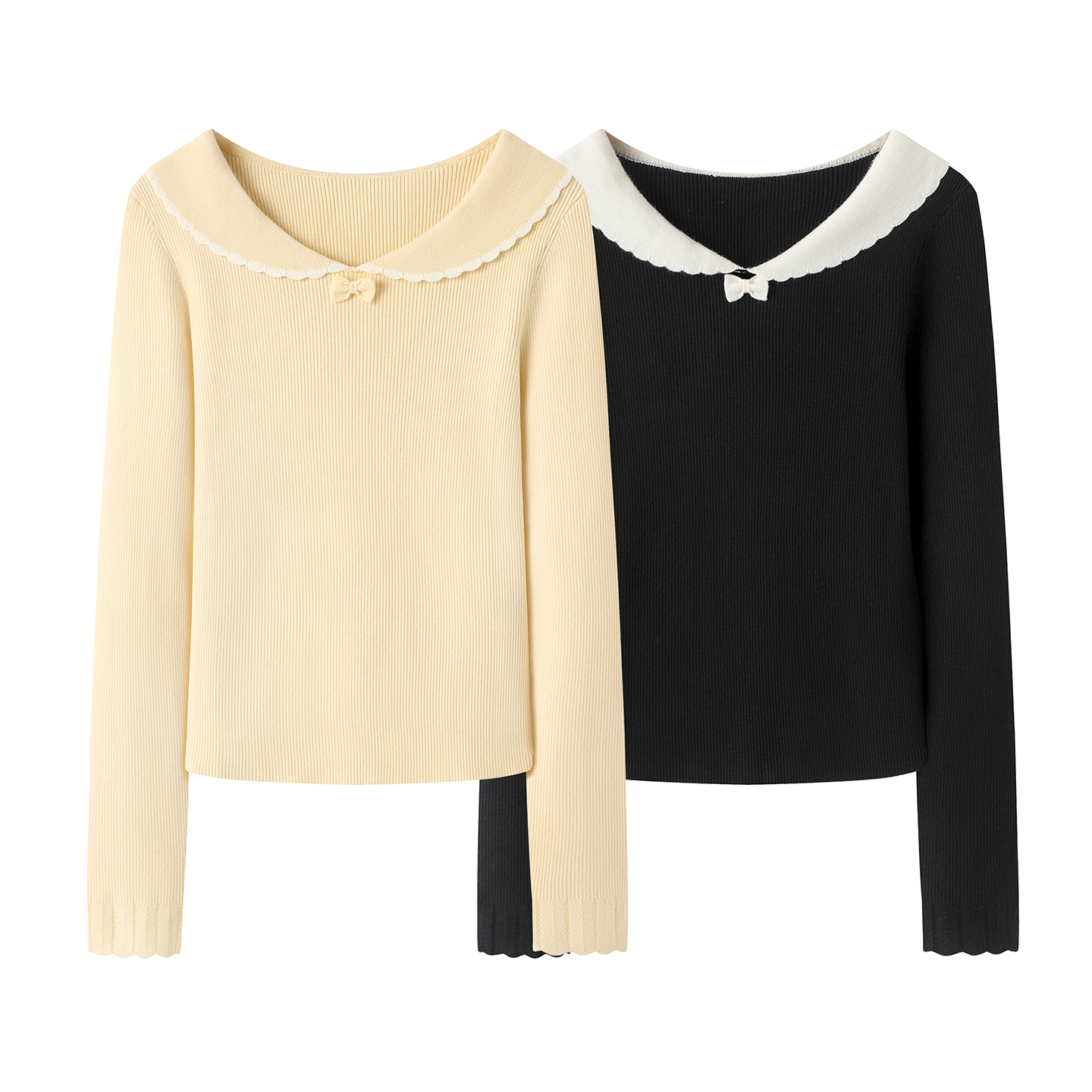 阔系~甜美减龄娃娃领针织衫女2025秋季新款黑色修身显瘦内搭毛衣