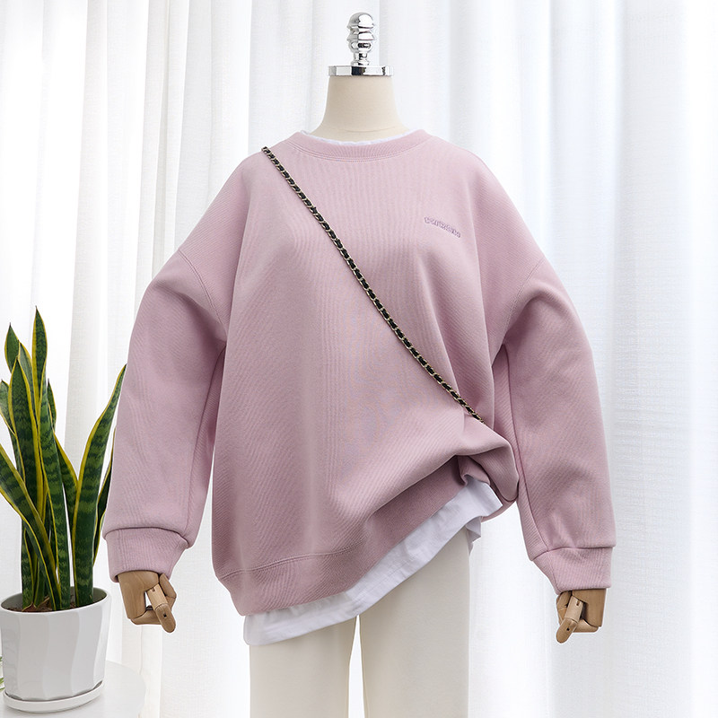 镂空刺绣小字母假两件秋季韩版宽松新款显瘦圆领螺纹棉套头卫衣女