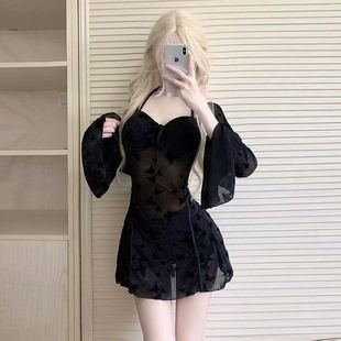 泳衣女黑色蝴蝶高级感挂脖连体裙式 性感纯欲风遮肚显瘦度假泡温泉