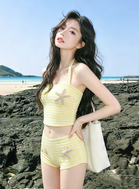 泳衣女2026新款多巴胺黄色条纹分体比基尼性感挂脖沙滩度假泡温泉