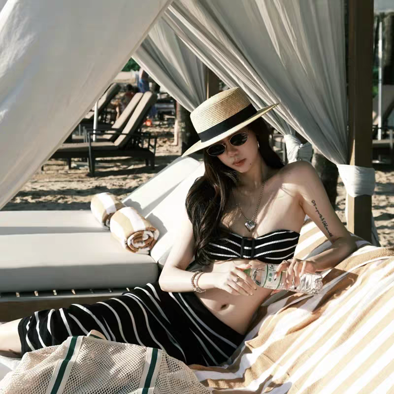 泳衣女款郭晓婷同款条纹抹胸绝美长裙比基尼三件套性感度假泡温泉,运动/瑜伽/健身/球迷用品,比基尼,淘宝优惠券,粉丝福利购,淘宝优惠卷