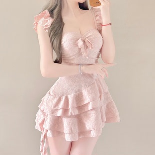 泳衣女款 遮肚显瘦性感吊带纯欲风海边度假泡温泉 甜美少女连体裙式