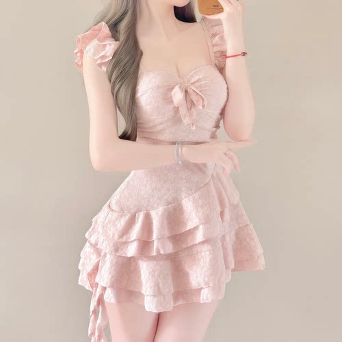 甜美少女连体裙式遮肚显瘦泳衣女