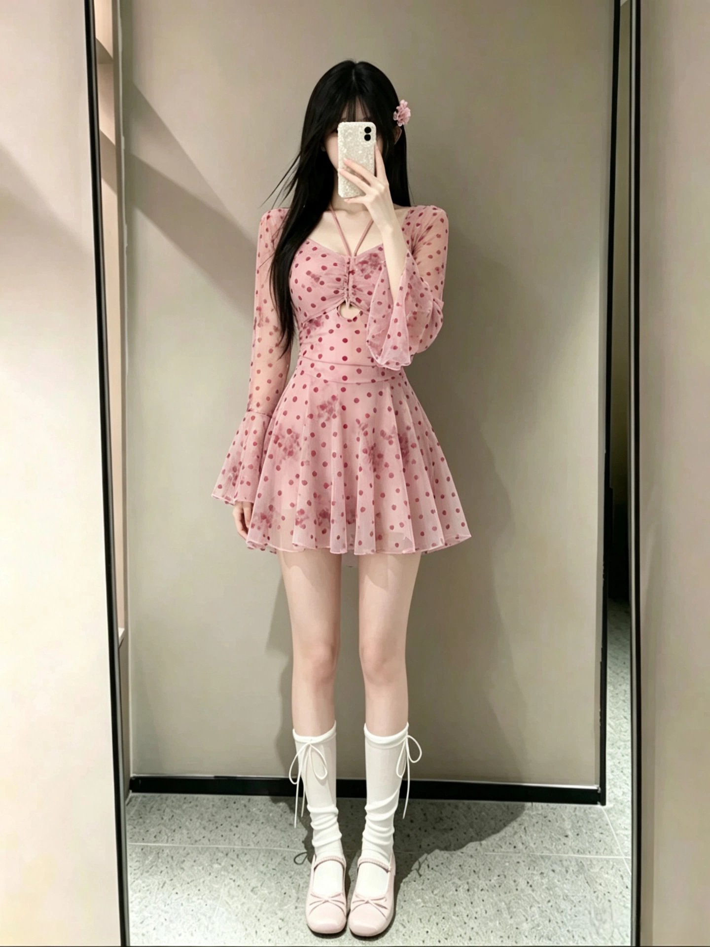泳衣女款甜美波点连体裙式平角保守长袖遮肉显瘦少女风度假泡温泉