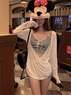 泳衣女款条纹分体比基尼三件套绝美罩衫保守平角裤度假泡温泉泳装