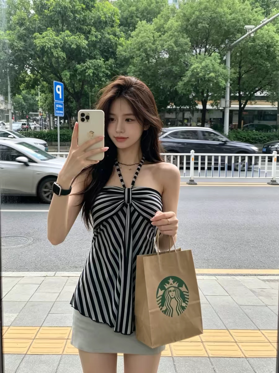 泳衣女撞色条纹分体比基尼三件套挂脖抹胸纯欲高级感海岛温泉度假