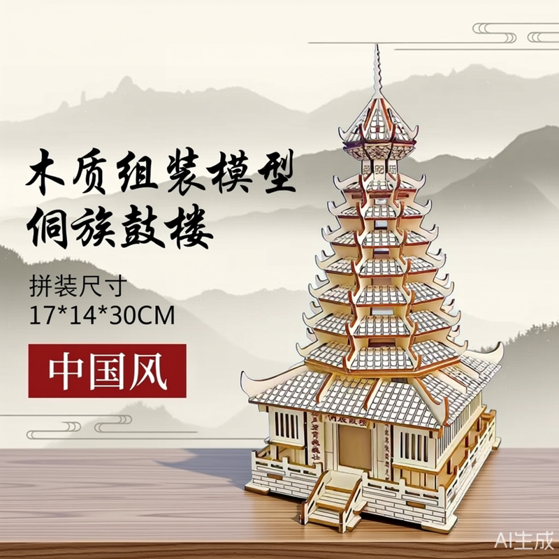 侗族鼓楼中国风3d木质立体拼图 儿童手工diy小屋建筑模型玩具拼装