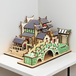 江南水乡模型拼图古风拼装建筑木制斜顶屋民居