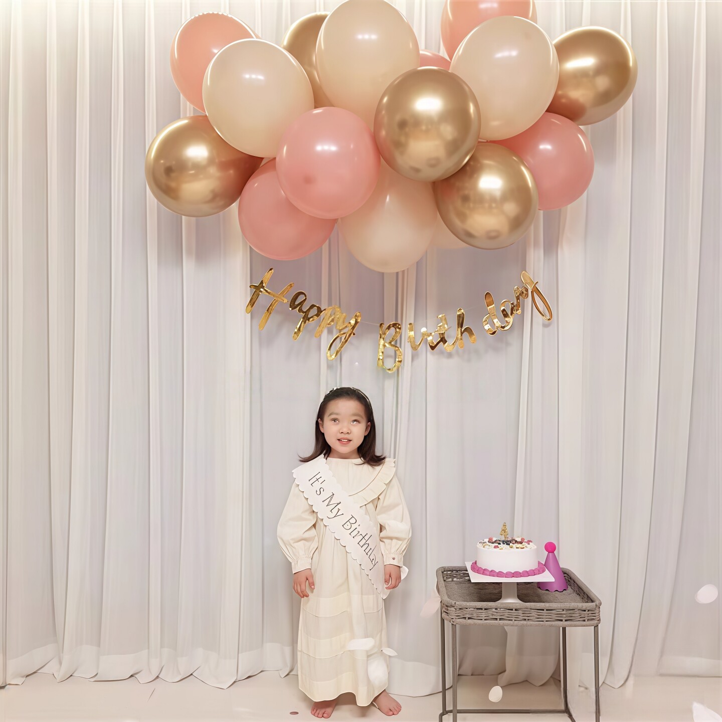 韩风豆沙粉肤色气球链条套餐简约生日气球装饰女宝公主背景墙布置