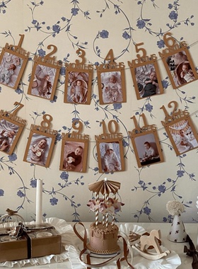 1st宝宝1周岁月份拉旗悬挂款照片拉旗生日成长记录拉花背景墙装饰