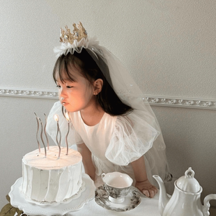 公主闪亮水钻石皇冠白色长头纱生日派对头饰儿童蕾丝发饰女孩礼物