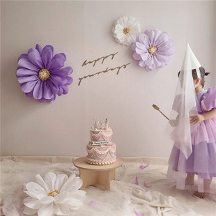 紫色皱纹纸艺花朵立体纸花店铺橱窗背景墙幼儿园生日派对装饰用品