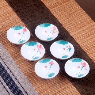 手绘荷花小茶杯陶瓷喝茶品茗杯斗笠杯主人杯单杯功夫茶具茶盏茶碗