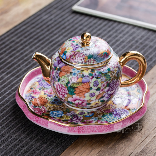 亮玉中式珐琅彩骨瓷茶壶茶具