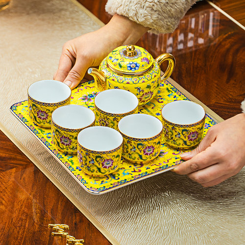 珐琅彩骨瓷家用茶具茶盘套装高档