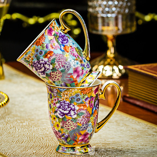 景德镇中式珐琅彩马克杯高档骨瓷咖啡杯陶瓷牛奶杯办公杯下午茶杯