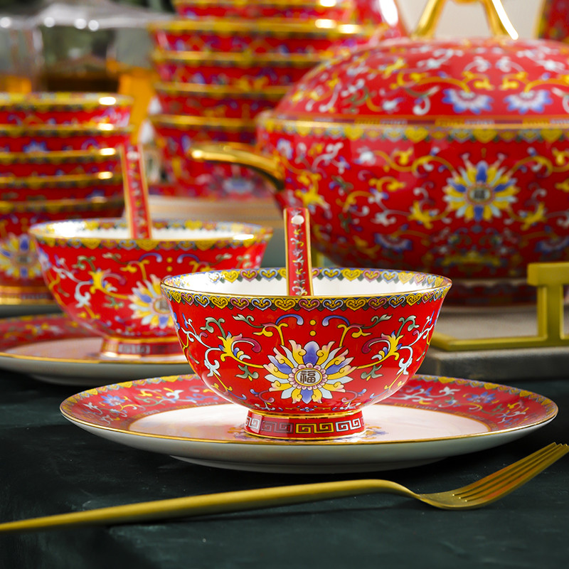 宫廷碗家用景德镇中式骨瓷饭碗描金餐具碗碟碗盘组合酒店摆台礼品