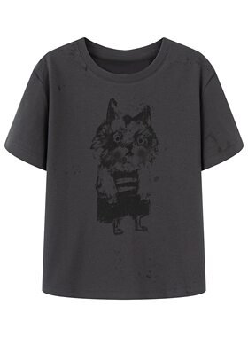 晓奶牛2025夏季新款猫咪印花百搭圆领深灰短袖T恤女上衣女