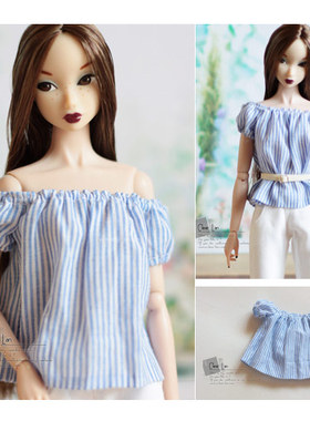 [M-201705-06]细蓝白条纹松紧领口露肩上衣/FR Momoko OB娃衣