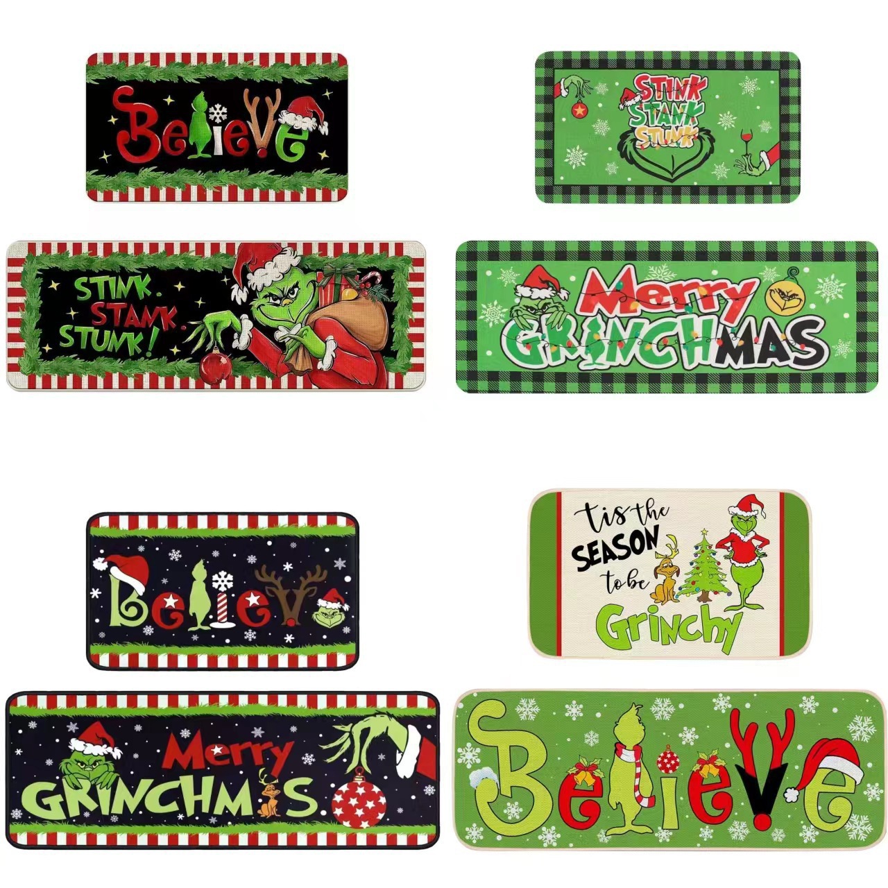 邮选跨境格林奇圣诞印花长条厨房垫家用吸水耐脏易打理两件套脚垫