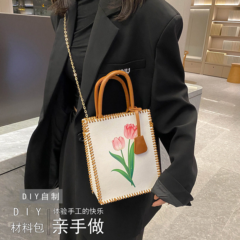 自制diy编织材料包包女花朵印花手工包链条小方包单肩斜挎包.