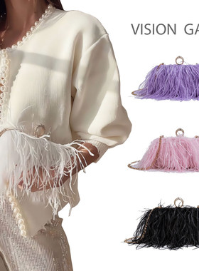 2025跨境潮牌时尚驼鸟毛指环盒子小方包链条斜挎单肩绒黑色晚宴