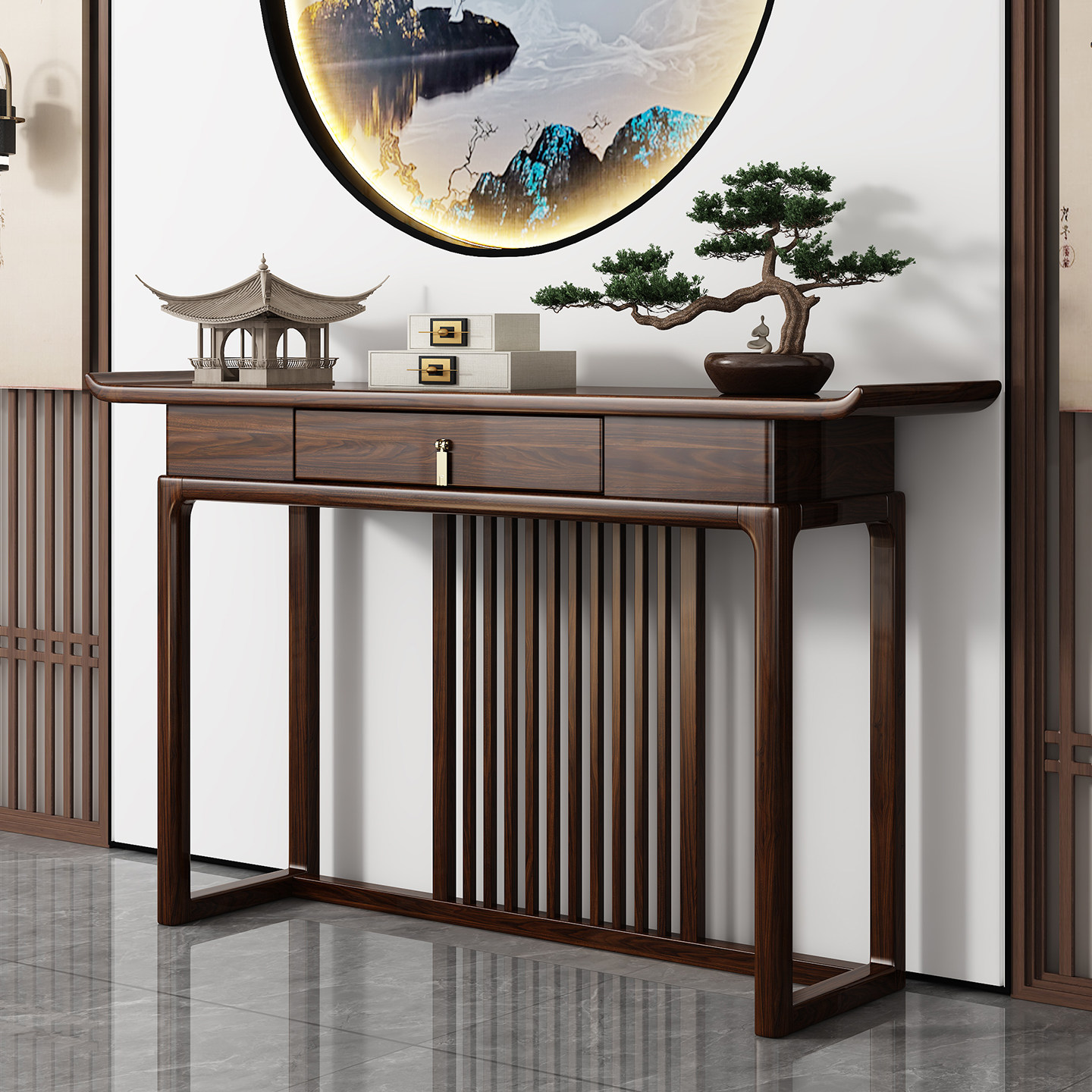 特价新中式玄关桌条案靠墙客厅入户入门供桌案几实木乌金木玄关柜