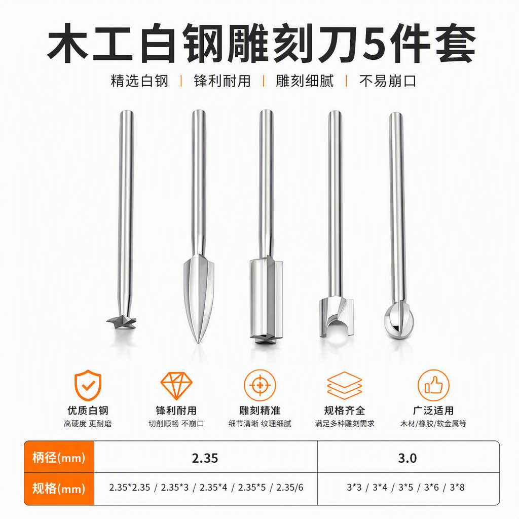 白钢木工雕刻刀5件套装图片