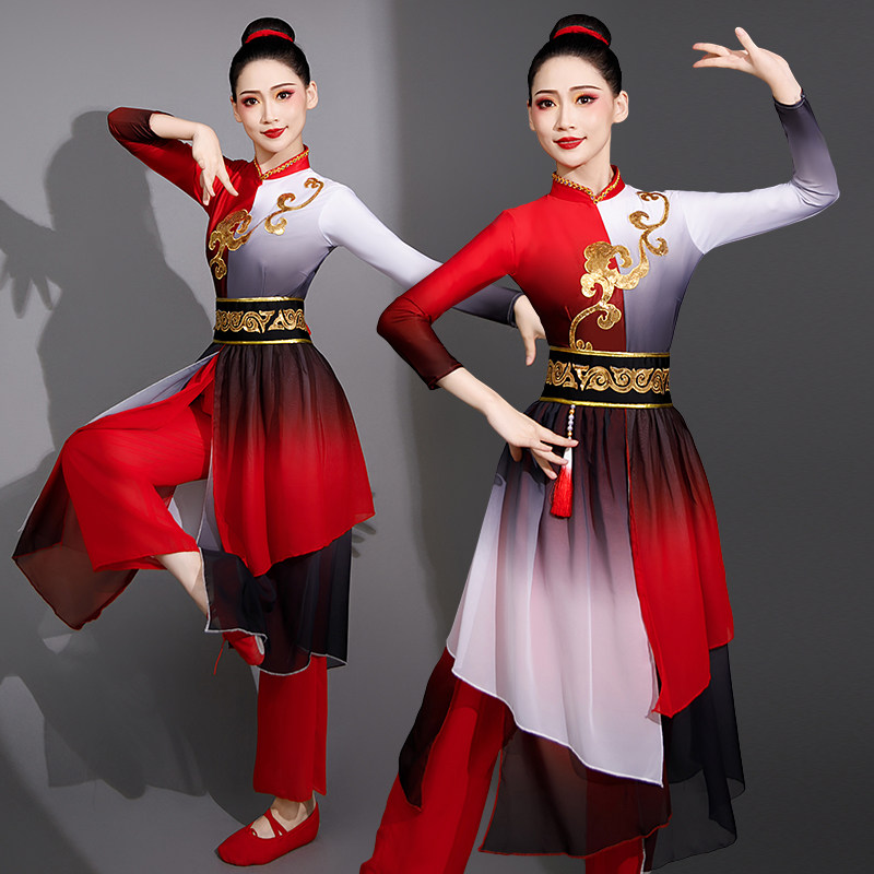 高档水墨古典舞演出服女飘逸中国风水鼓打鼓腰鼓秧歌舞蹈表演服装