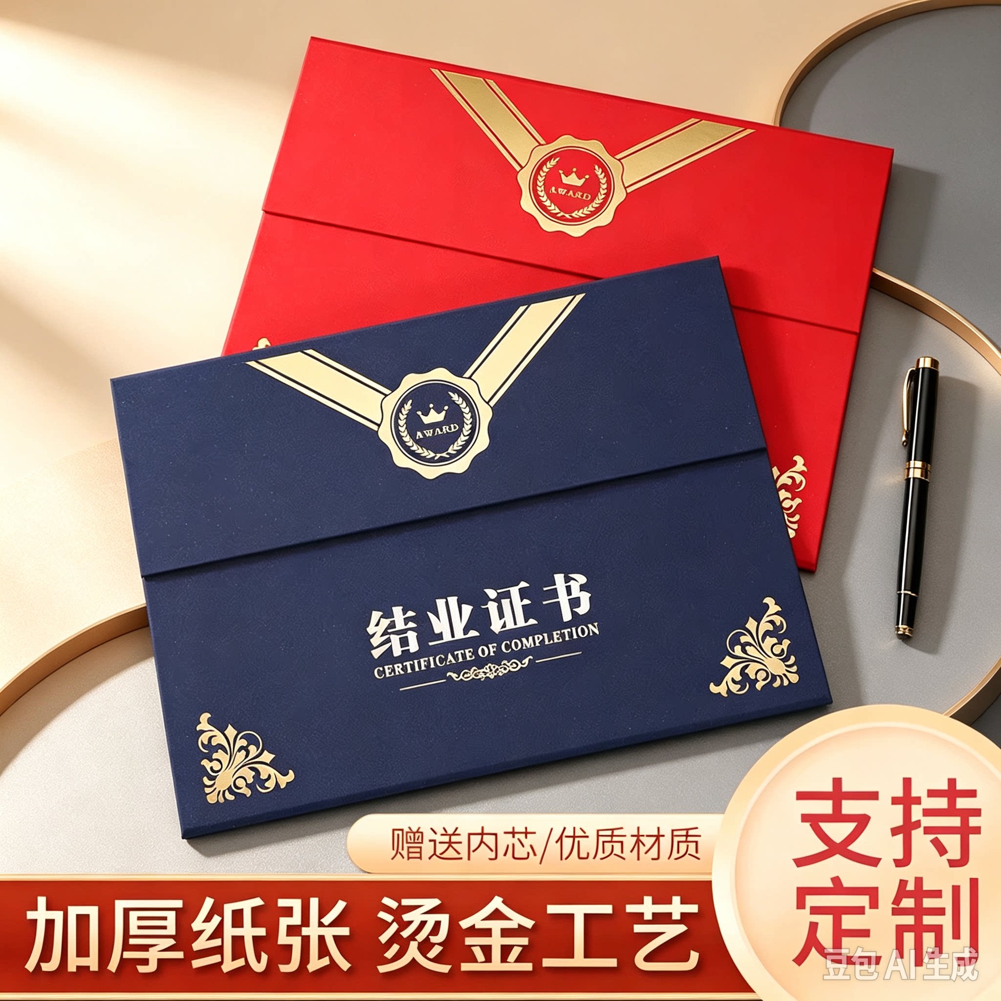 新款横版三折珠光荣誉证书结业外壳A4纸内芯打印定制国潮风红蓝金