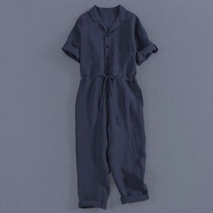 连体裤2024春夏季文艺范麻简约休闲修身高腰连衣裤通勤百搭九分裤