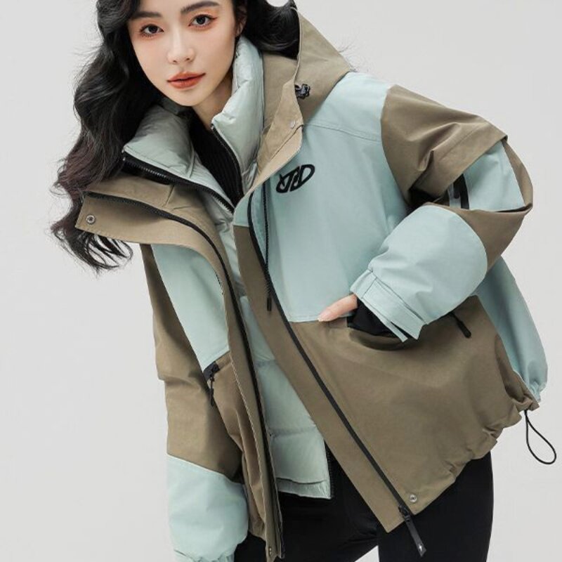 一衣两穿羽绒棉服内胆冲锋衣两件套装女2024短款时尚撞色秋冬外套