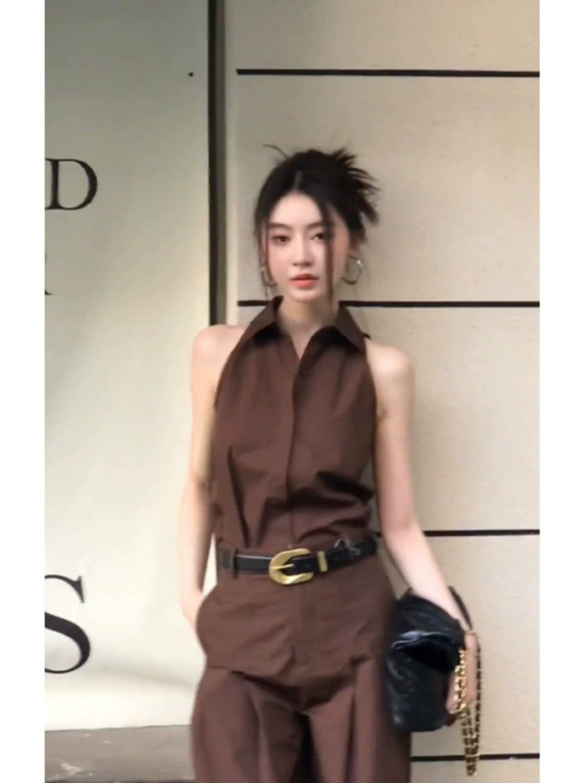 时夏季尚气质套装女翻领无袖挂脖上衣阔腿裤两件套女装御姐高级感