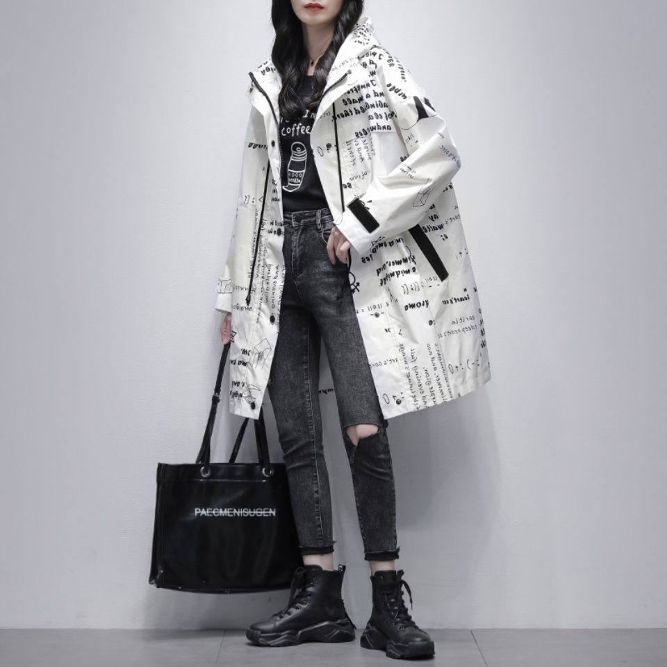 2024秋季新款韩版白色风衣女中长款连帽字母印花宽松显瘦休闲外套