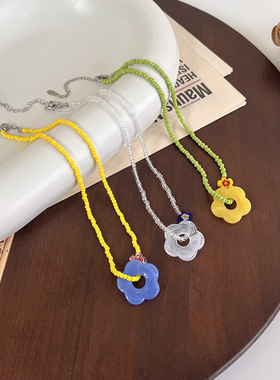 森系花朵流苏串珠水晶项链小米珠韩版2022森系仙气小众脖颈链潮人