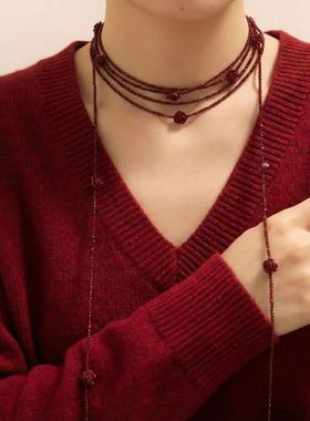 时尚秋冬红玫瑰长款项链