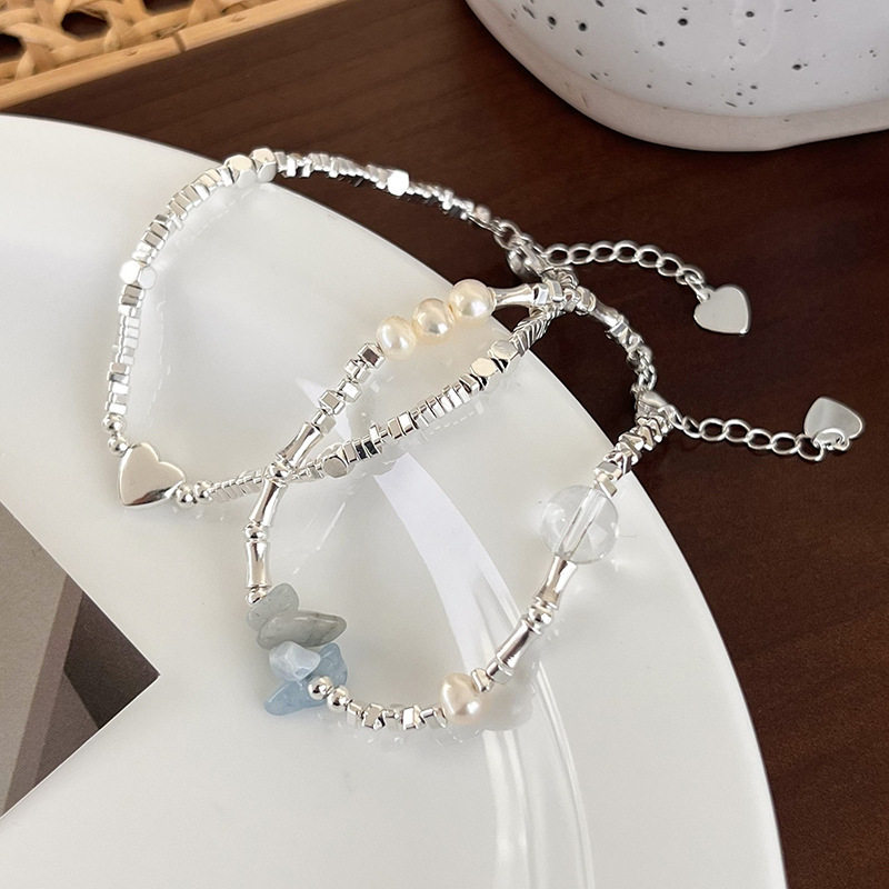 复古银色金属三角铁串珠手链碎银子颜色文艺爱心ins风小众手饰女