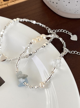 复古银色金属三角铁串珠手链碎银子颜色文艺爱心ins风小众手饰女