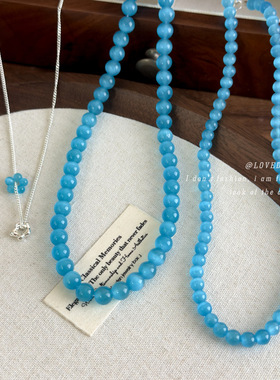 夏日清透感蓝色猫眼石花朵项链