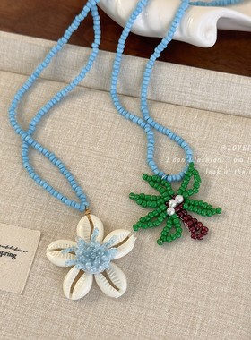 海边度假风蓝色串珠椰树贝壳项链