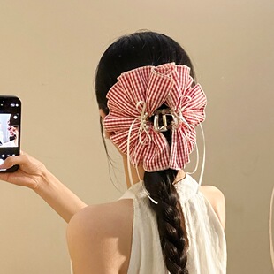 红色格子裙摆大号抓夹发量大发夹女高级感复古头饰后脑勺鲨鱼夹