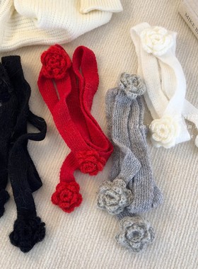 小众毛线立体玫瑰花朵装饰发带时髦穿搭单品长条围脖拍照搭配饰品