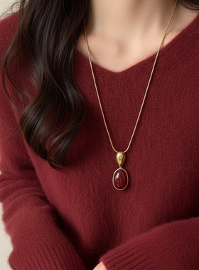 红色水滴蛇骨长款可抽拉毛衣链