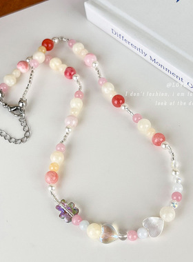 网红爆款甜美可爱风草莓晶小熊贝壳糖果色串珠项链少女心童趣颈链