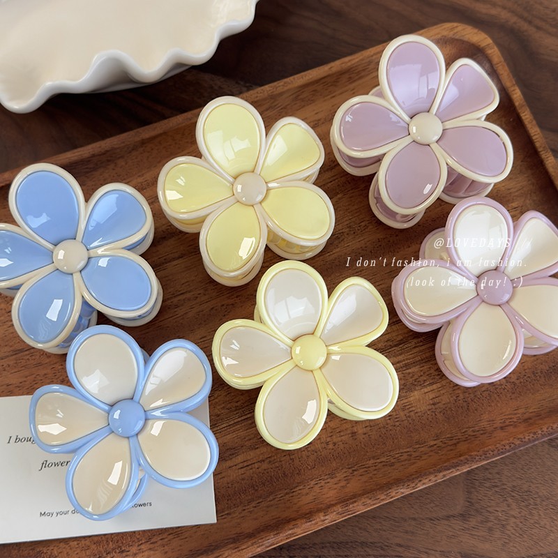 奶油色甜美撞色双拼花朵发夹